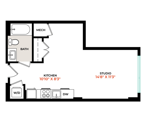 Floor plan for studio, 1 bath, 480 sqft